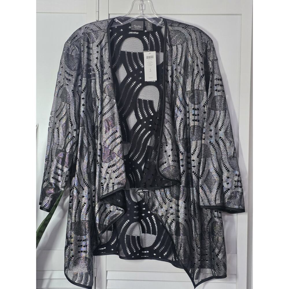 Chicos NWT City Storm Gray Deco Lace Open Jacket Traveler Collection Size Xlarge